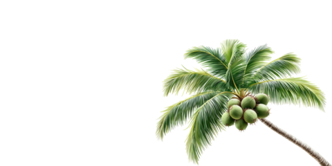 Coconut palm tree with green coconuts isolated on transparent background
