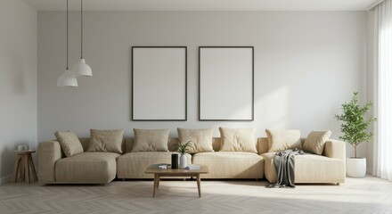 Fototapeta premium Modern minimalist living room, beige L-shaped sofa, white brick walls, wooden floor, black pendant lights, potted plant, large windows, natural light, empty picture frames, coffee table, neutral tones