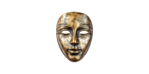 Antique gold mask with engraved features isolated on transparent background