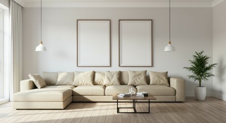 Modern minimalist living room, beige L-shaped sofa, white brick walls, wooden floor, black pendant lights, potted plant, large windows, natural light, empty picture frames, coffee table, neutral tones