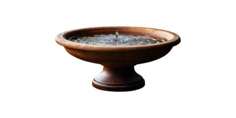 Rustic stone bird bath with water ripple effect isolated on transparent background