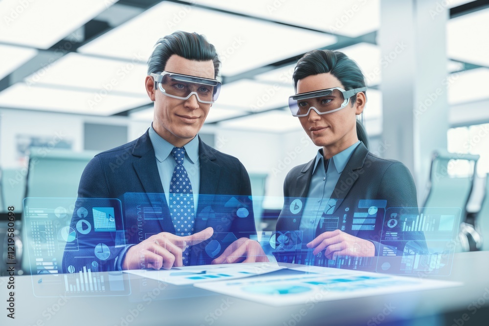 Poster two business professionals wearing smart glasses analyze data projected on a table in a modern offic
