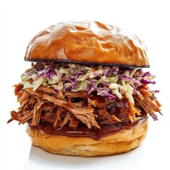 A mouthwatering BBQ pulled pork sandwich with coleslaw, isolated white background, abstract impressionist art style