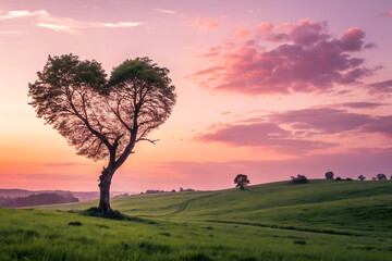 Obraz premium Romantic Heart-Shaped Tree Valentine’s Day Sunset Background