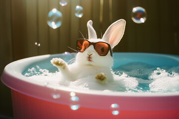 Cute white rabbit wearing sunglasses relaxing in a pool full of bubbles. Concept of Easter bunny on holiday.