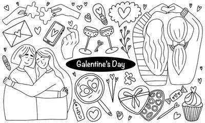 Happy Galentines day doodle set. Vector set of hand drawn Galentine day stickers