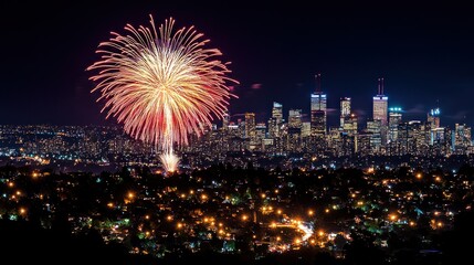 Fototapeta premium Cityscape Fireworks Display at Night