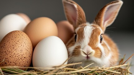A rabbit sitting in a pile of hay next to a bunch of eggs
