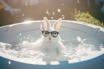 Cute white rabbit wearing sunglasses relaxing in a pool full of bubbles. Concept of Easter bunny on holiday.
