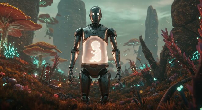 Futuristic robot with glowing human fetus in lush alien landscape