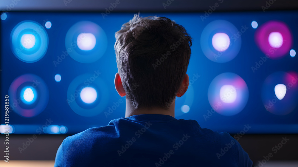 Poster a young person sits in front of a large screen displaying colorful graphics. the focus is on the use