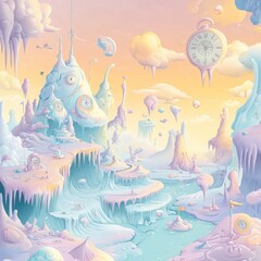 Fototapeta premium Whimsical Clockwork Landscape Pastel Dreamscape