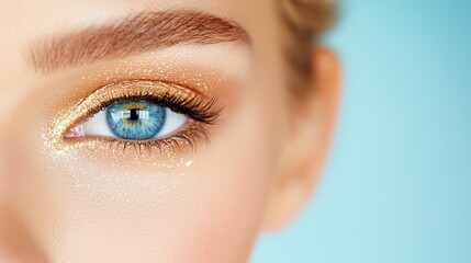 Naklejka premium a close up of a woman's blue eye with gold glitter on it