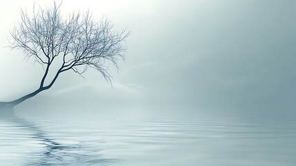 Bare winter tree reflected in calm water