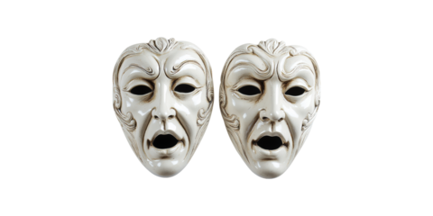 Two ornate theater masks facing forward isolated on transparent background