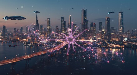 Fototapeta premium Futuristic cityscape with advanced technology network and flying vehicles at dusk