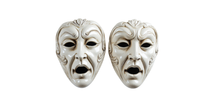 Two ornate theater masks facing forward isolated on transparent background