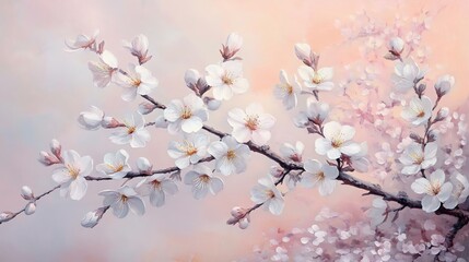 Obraz premium Elegant branches adorned with delicate cherry and almond blossoms in white and pink. Set against a serene lavender and peach gradient backdrop.