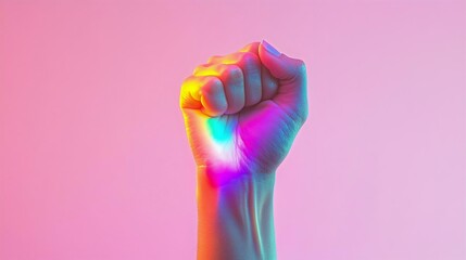 A vibrant rainbow effect illuminates a raised fist against a harmonious background of pink and violet hues, symbolizing empowerment and unity.