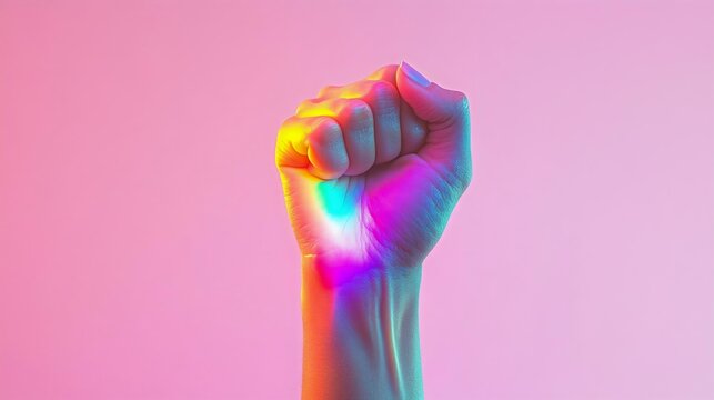 A vibrant rainbow effect illuminates a raised fist against a harmonious background of pink and violet hues, symbolizing empowerment and unity.