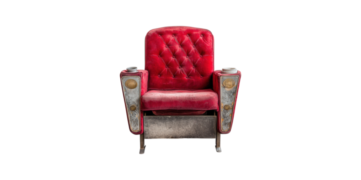 Red vintage theater seat with tufted backrest isolated on transparent background
