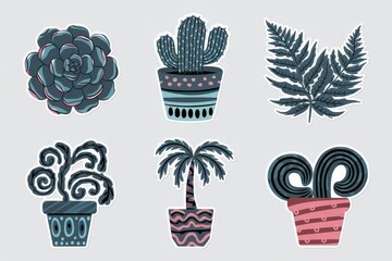 Six potted plants stickers featuring various designs