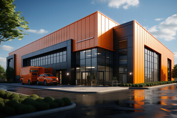 Obraz premium 3D drawing of the design of an exterior modern warehouse with office space.