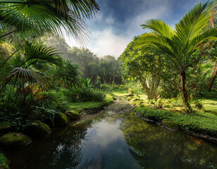 Obraz premium A serene tropical stream reflects the lush palm trees and exotic vegetation under dramatic cloudy skies in a pristine rainforest setting.