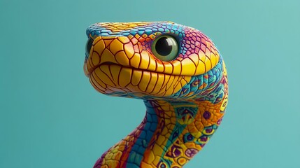 Fototapeta premium Vibrant depiction of a friendly, photorealistic cobra with an expanded hood and intricate designs on a light blue background. Ideal for educational uses.