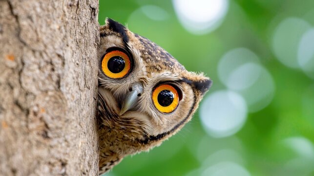 A close up of an owl peeking out from behind a tree