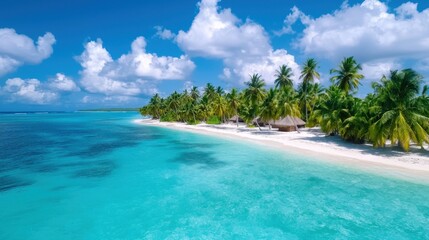 Fototapeta premium A white sandy beach surrounded by palm trees in the ocean