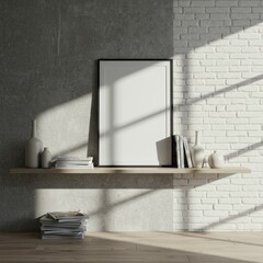 minimalist interior design, white floating shelf, gray brick wall, sunlight and shadows, empty picture frame, ceramic vase, stack of books, modern aesthetic, clean lines, monochromatic color scheme, d