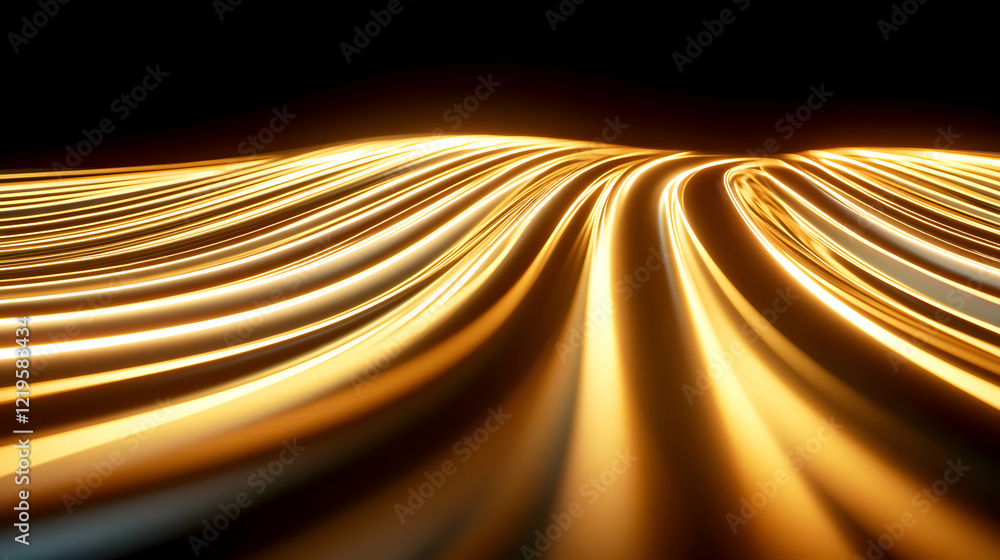 Poster an abstract, flowing wave of golden light against a dark backdrop, creating a sense of motion and vi