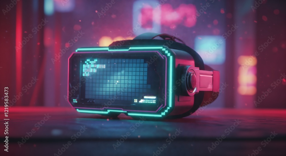 Poster futuristic neon virtual reality headset with digital interface in cyberpunk setting