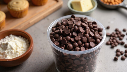 Fototapeta premium Plastic Container of Chocolate Chips in Modern Kitchen Setting