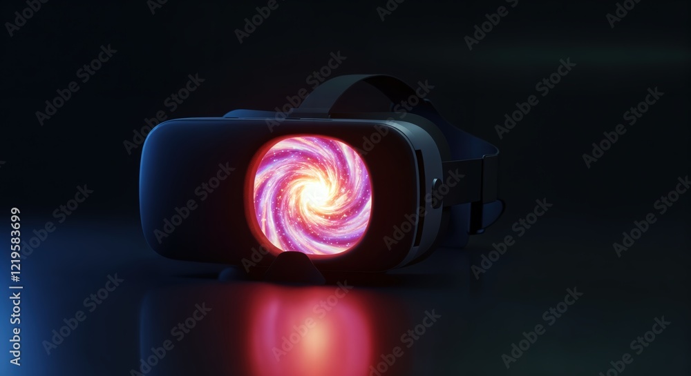Poster futuristic virtual reality headset with cosmic swirl display in dark setting