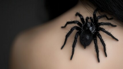 Obraz premium A black spider sitting on the back of a woman's shoulder