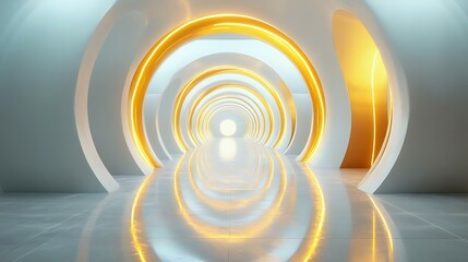 A futuristic spaceship corridor featuring silver walls and vibrant yellow light rings. The reflective floor enhances the tech atmosphere, leading to a glowing