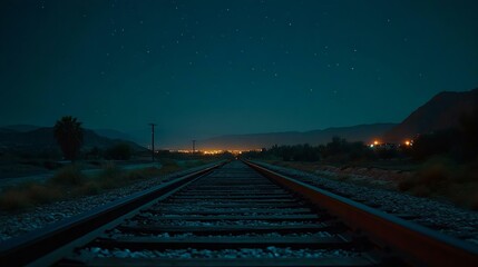 Railway tracks under a starry night sky, lit by distant city lights. The reflective rails draw the viewer's eye into the atmospheric depth.