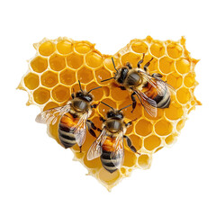 Three bees on heart-shaped honeycomb on a transparent and isolated white background. Generated AI