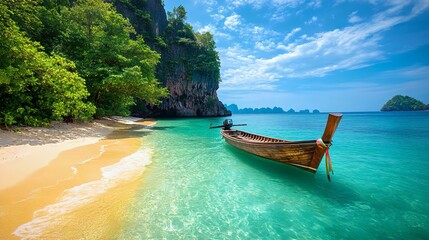 A photorealistic tropical scene with a boat on crystal-clear turquoise water under a sunny sky, bordered by golden sand and lush jungle.