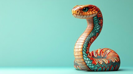 Fototapeta premium A vibrant, friendly cobra with an expanded hood on a light blue background. Features intricate designs and a smiling face, ideal for educational or cartoon use.