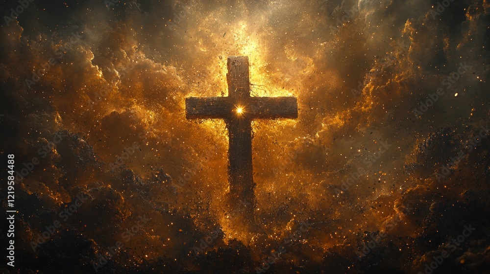 Poster wooden crucifix features single bullet hole its center. soft rays of divine light illuminate cross c