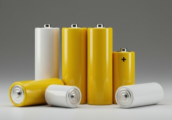 batteries, cylindrical, yellow and white, various sizes, glossy finish, minimalist composition, solid yellow background, product photography, clean aesthetic, energy storage, power cells, commercial s