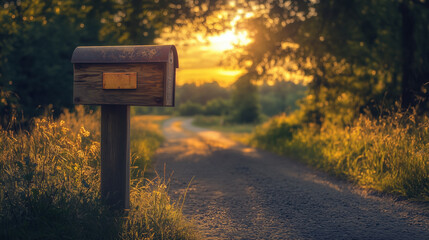 Rustic Wooden Mailbox with Antique Finish Standing by a Country Road, Eagerly Awaiting Parcels, Newspapers, and Letters, Framed by a Golden Sunset