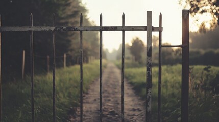 Obraz premium Rusty metal gate opens to a path through a grassy field at sunrise.