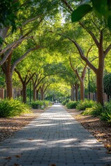 Obraz premium A walkway lined with trees in the middle of a park