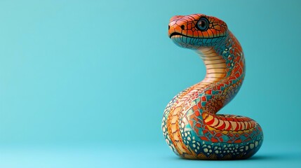 Fototapeta premium Vibrant cobra with an expanded hood and intricate designs, smiling against a light blue background. Ideal for educational materials and cartoons.