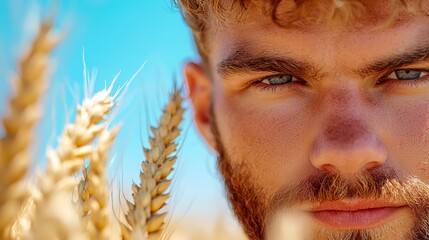  A close up of a man's face in a field of wheat
