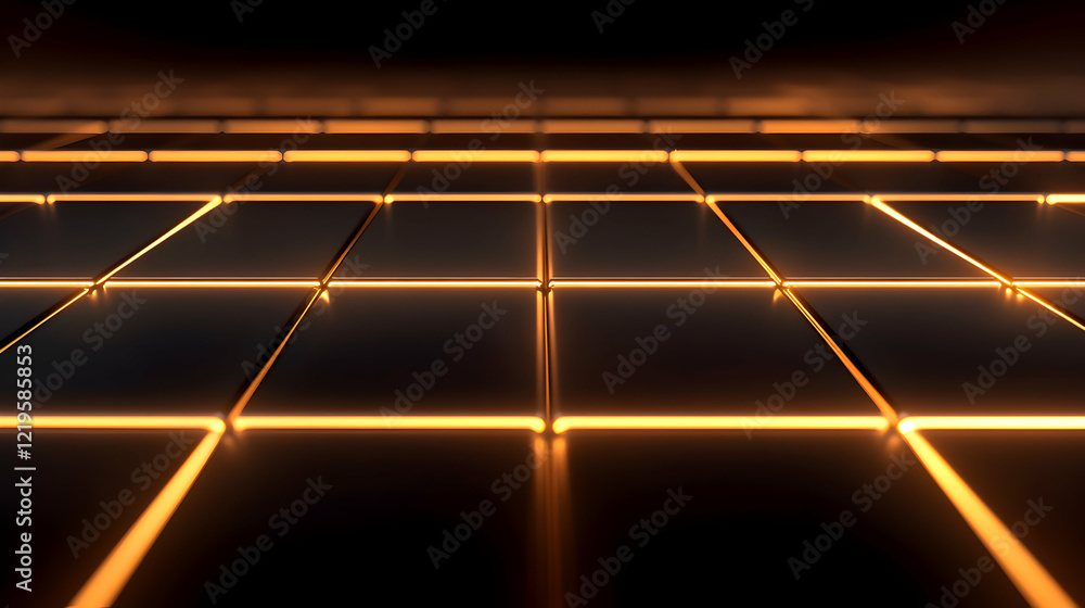 Poster a mesmerizing view of glowing tiles arranged in a grid, casting warm light in a dark environment, pe